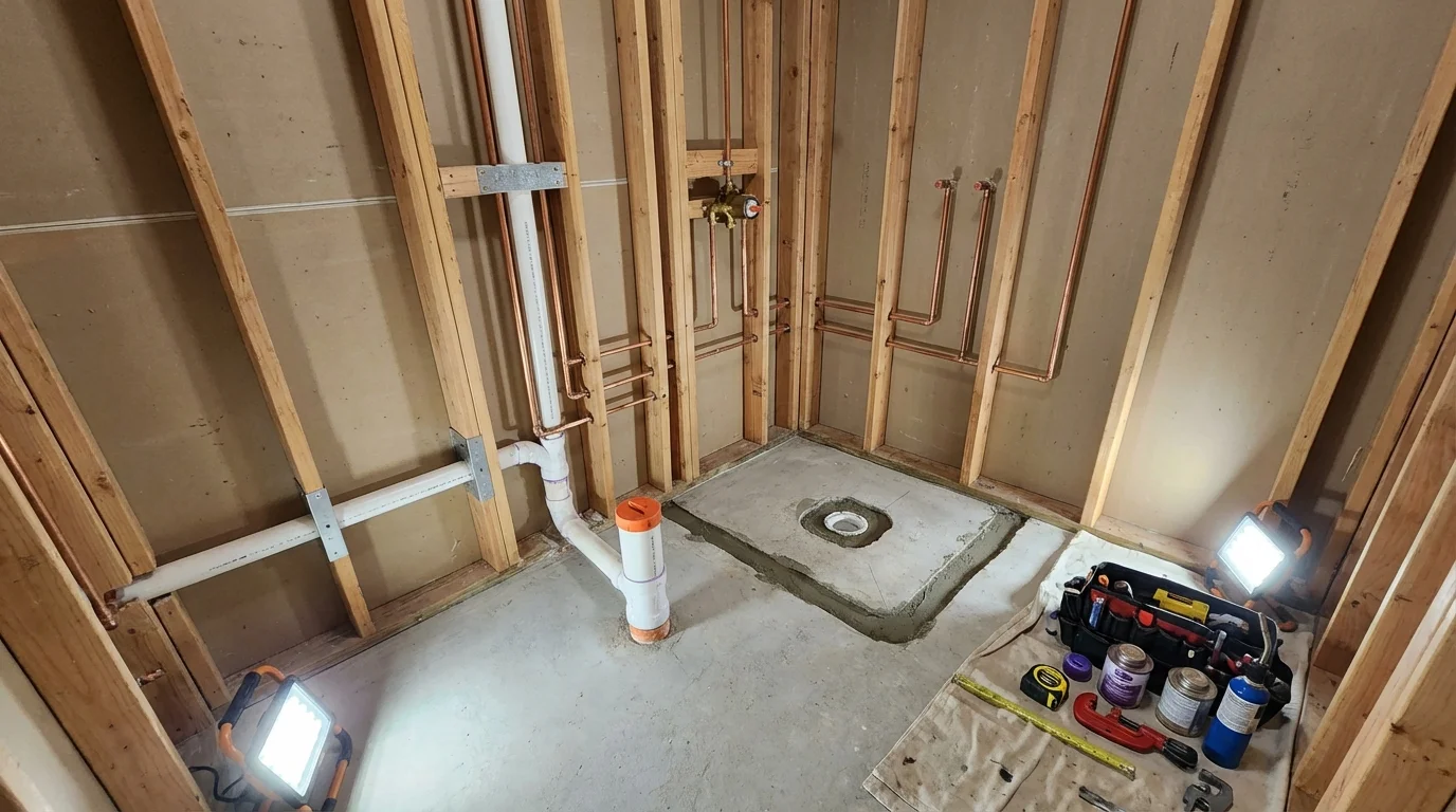 Bathroom rough-in plumbing during remodel by Johns Plumbing LLC in Sabattus