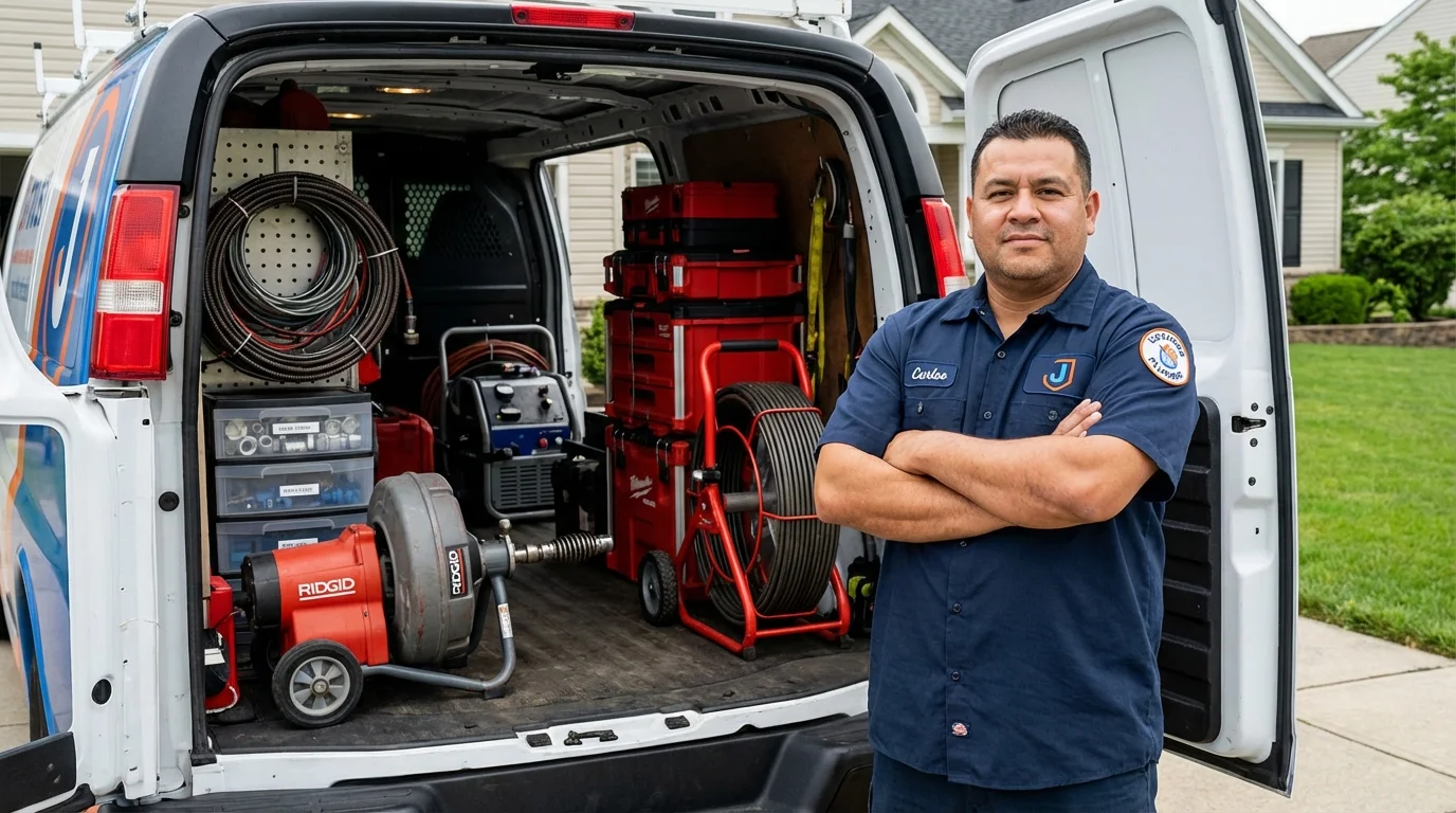 Professional drain cleaning equipment and Johns Plumbing LLC plumber in Sabattus