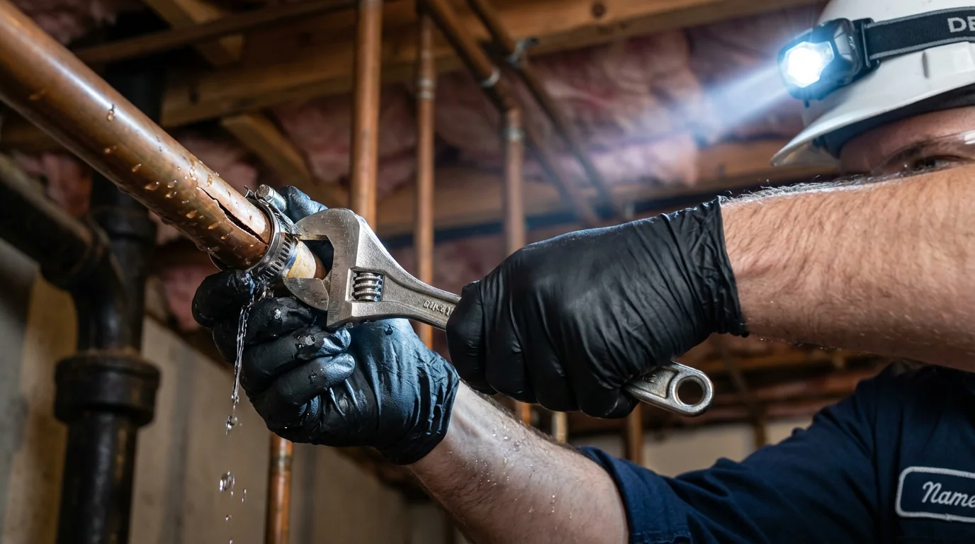 Emergency pipe clamp repair being performed by a Johns Plumbing LLC plumber in Sabattus