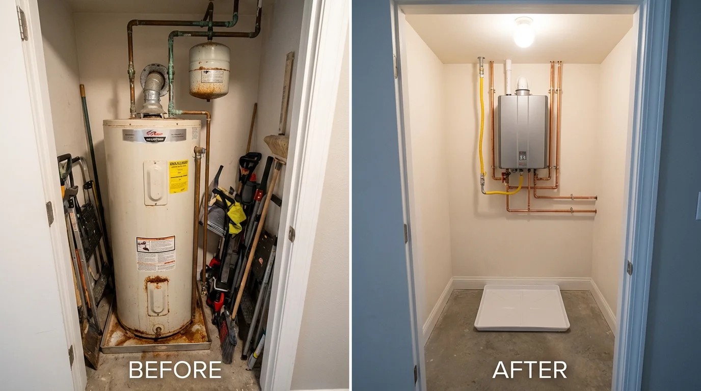 Tank water heater versus wall-mounted tankless unit comparison for Sabattus, ME homeowners