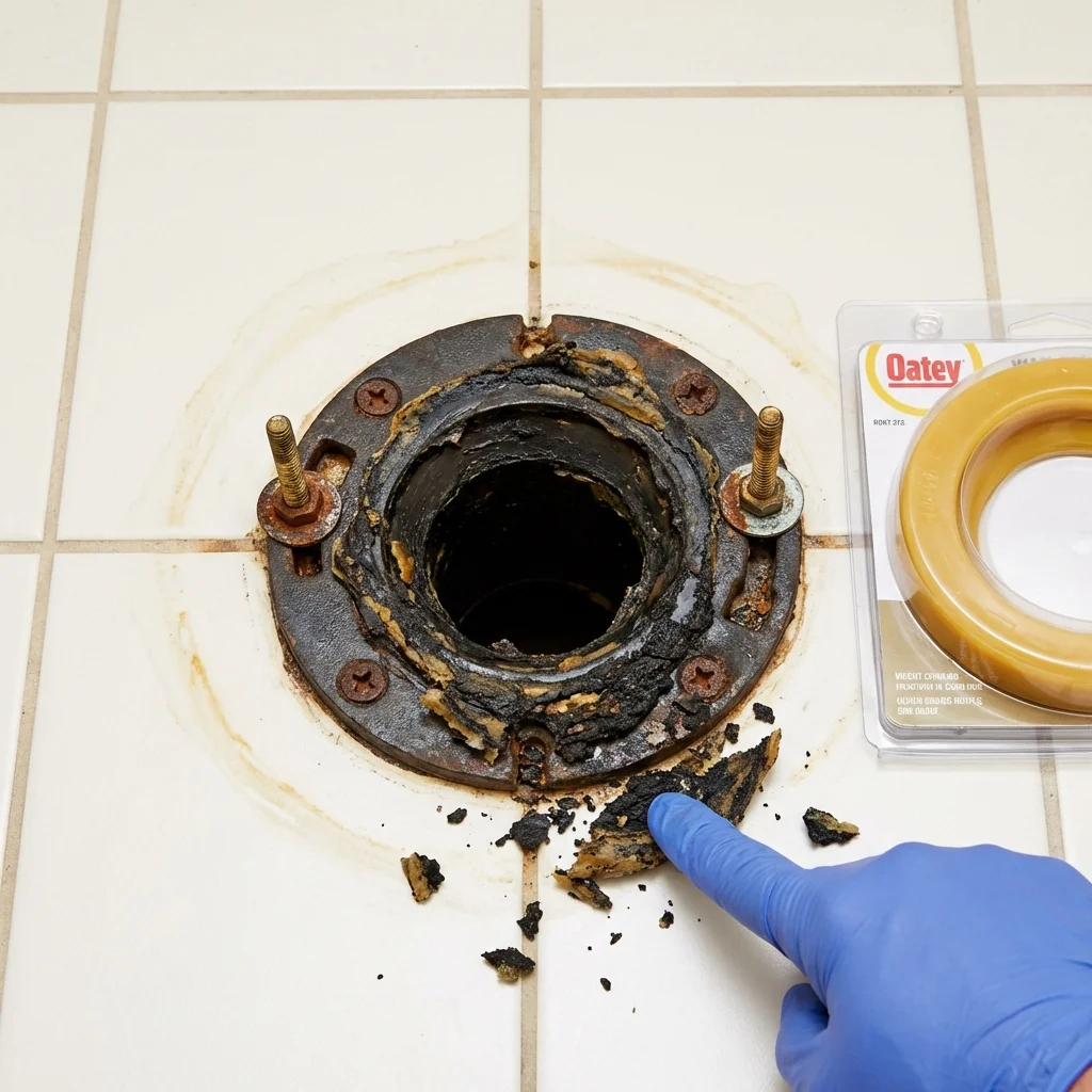 Failed wax ring showing water seepage at the base of a toilet in a Sabattus, ME home