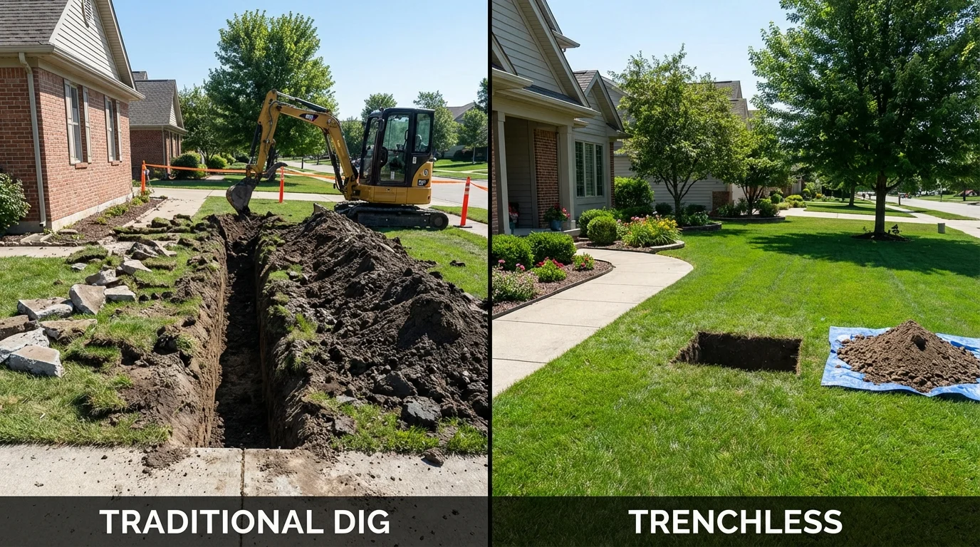 Trenchless sewer repair with minimal yard damage versus traditional excavation in Sabattus, ME